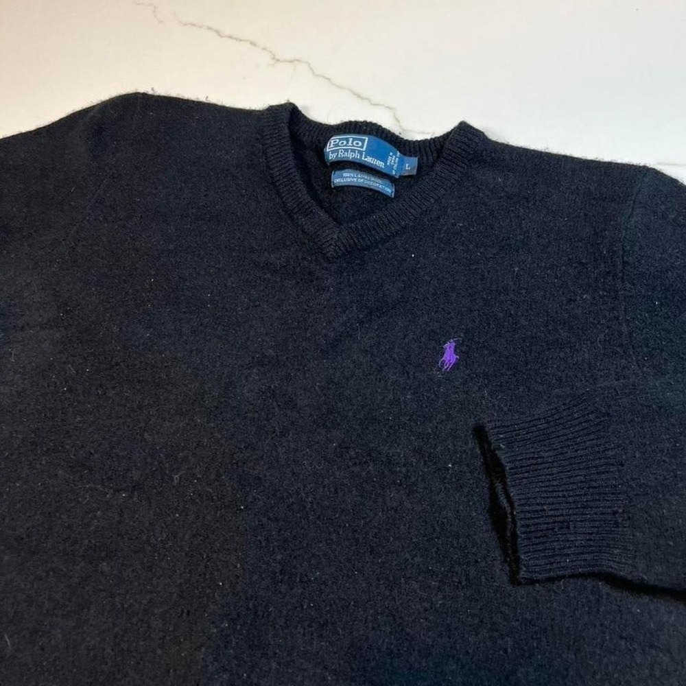 Polo Ralph Lauren Black 100% Lambswool V-Neck Sweater Purple Pony Large